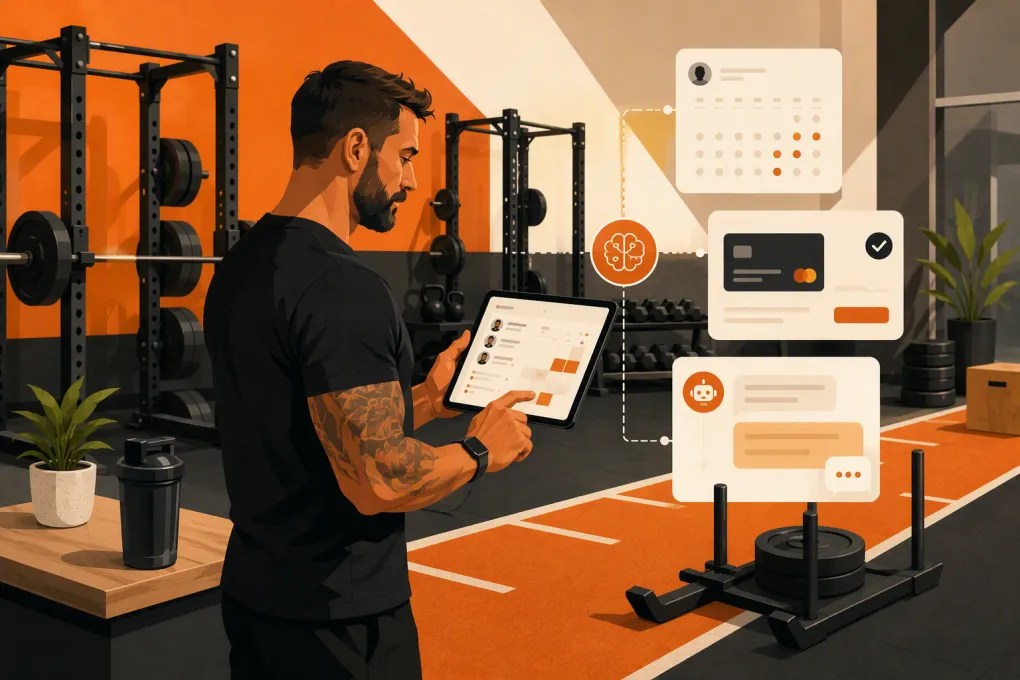 Strength gym owner comparing booking, billing and AI software beside a squat rack
