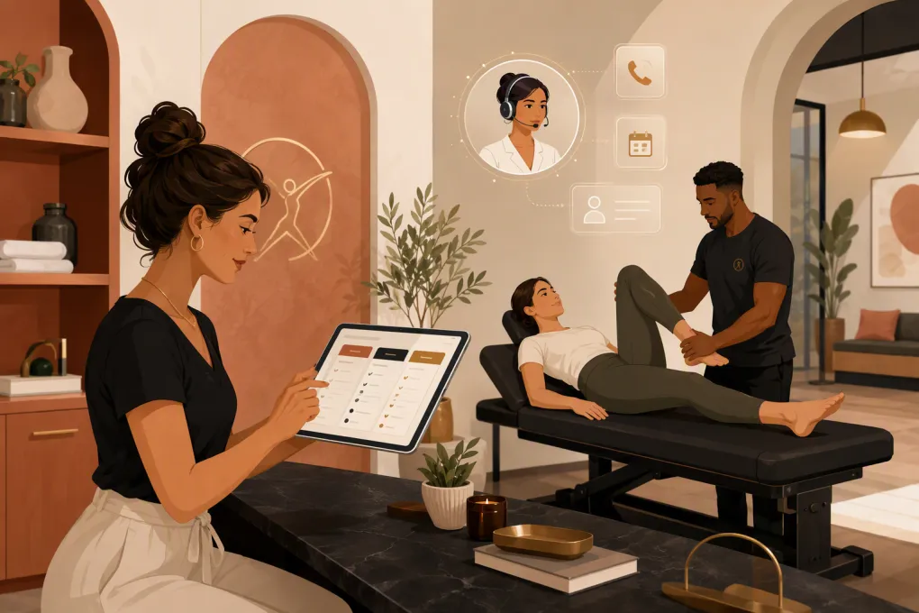 Stretch therapy studio owner comparing booking and AI receptionist software