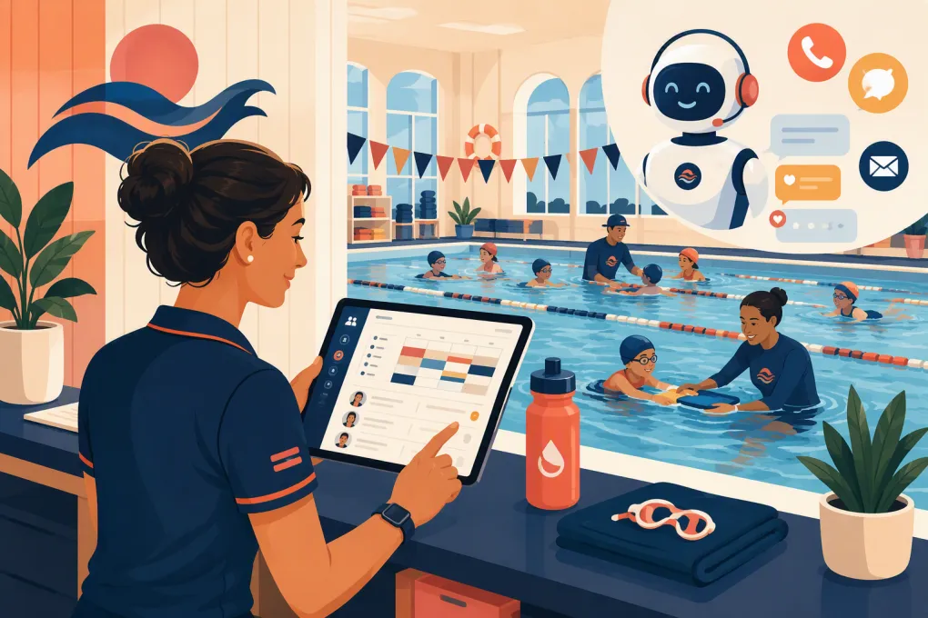 Swim school operator managing lessons while an AI assistant handles parent inquiries