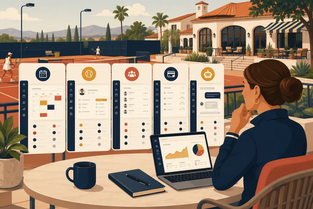 Tennis club operator comparing court booking, membership, payment, and AI receptionist software