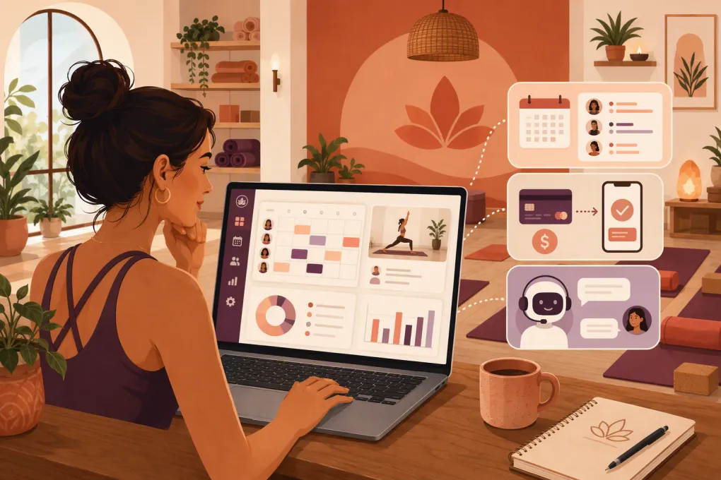 Yoga studio owner comparing scheduling, billing and AI receptionist software