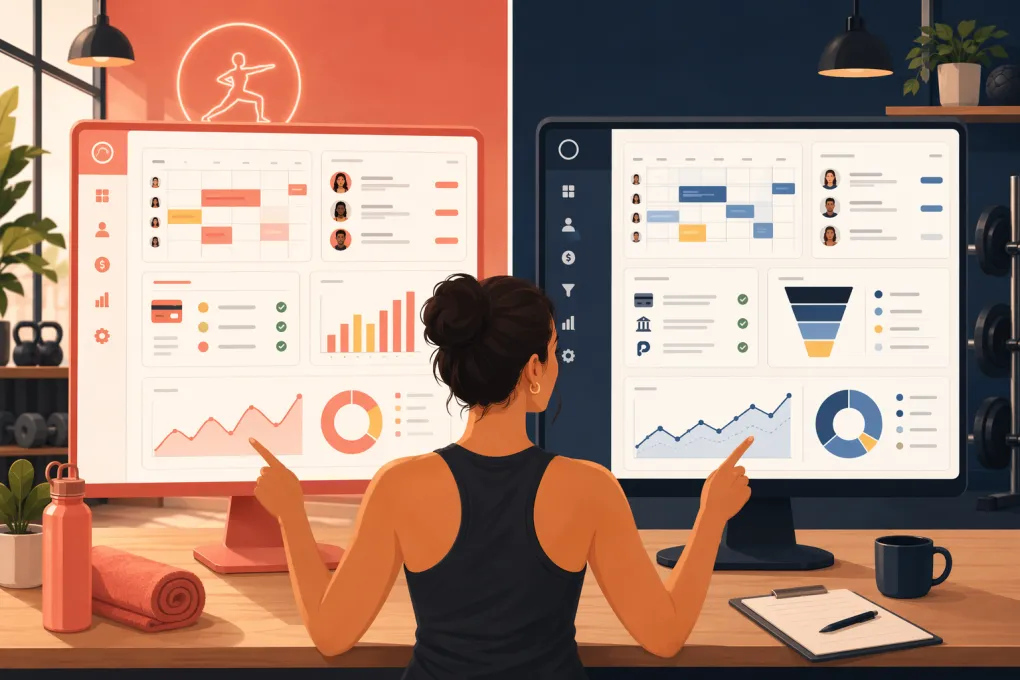 Fitness studio owner comparing Mindbody and Glofox management dashboards
