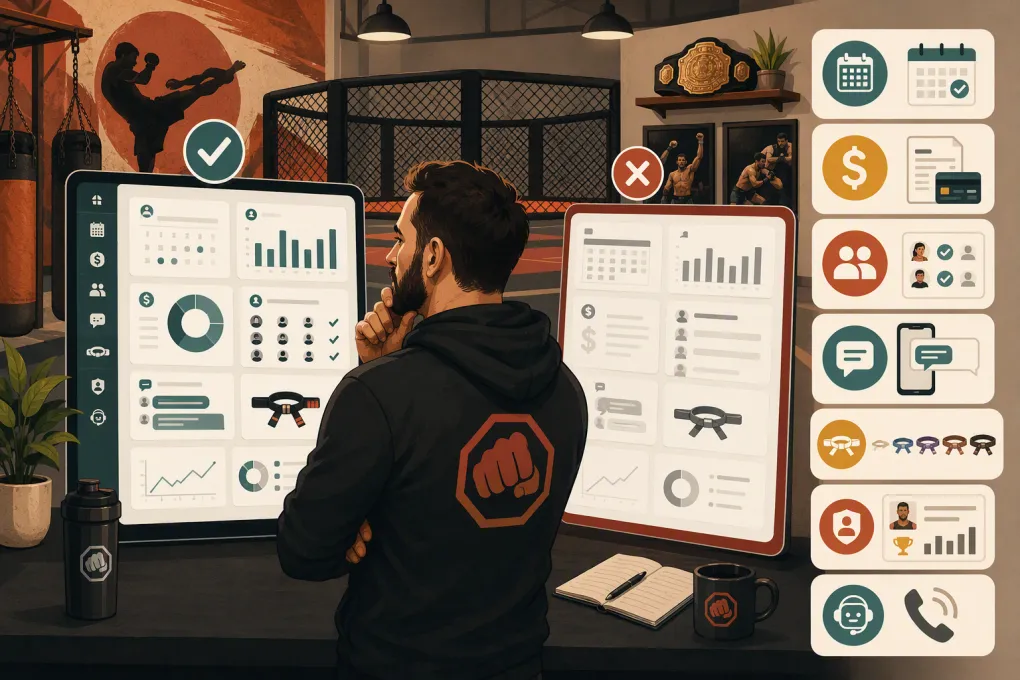 MMA gym operator comparing software for billing, booking, members, leads, and fighter records