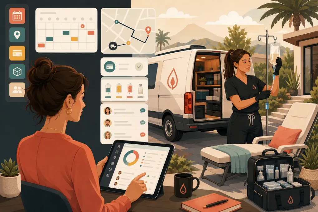 Mobile IV therapy operator managing appointments, clinicians, routes, inventory, and payments