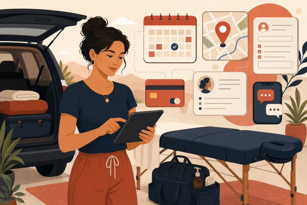 Mobile massage therapist comparing scheduling, intake, payment, and lead-management software