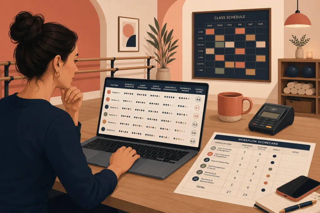 Barre studio operator comparing booking and management software with a weighted scorecard