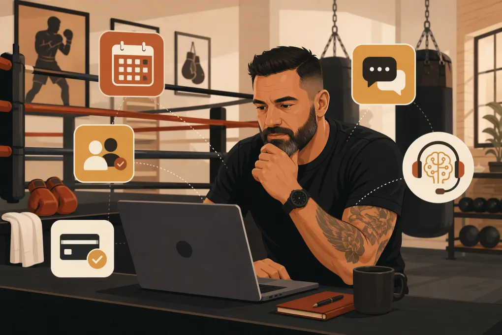 Boxing gym owner comparing scheduling, billing and lead management software at ringside
