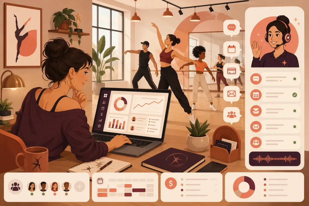 Dance studio owner comparing scheduling, billing, registration, and AI receptionist software