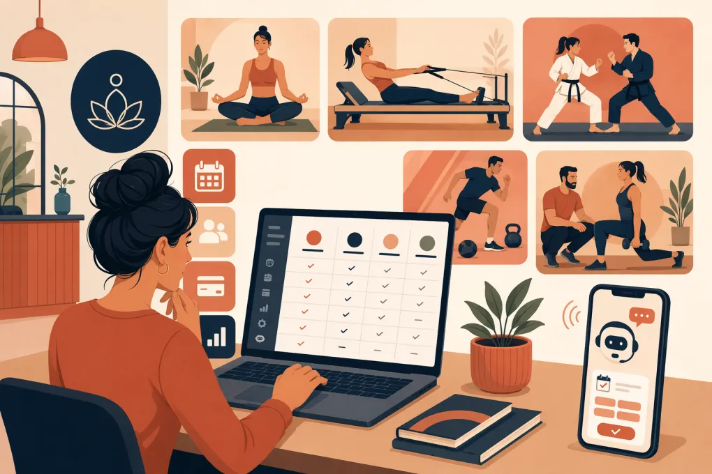 Studio operator comparing software for fitness classes, appointments, leads, and payments