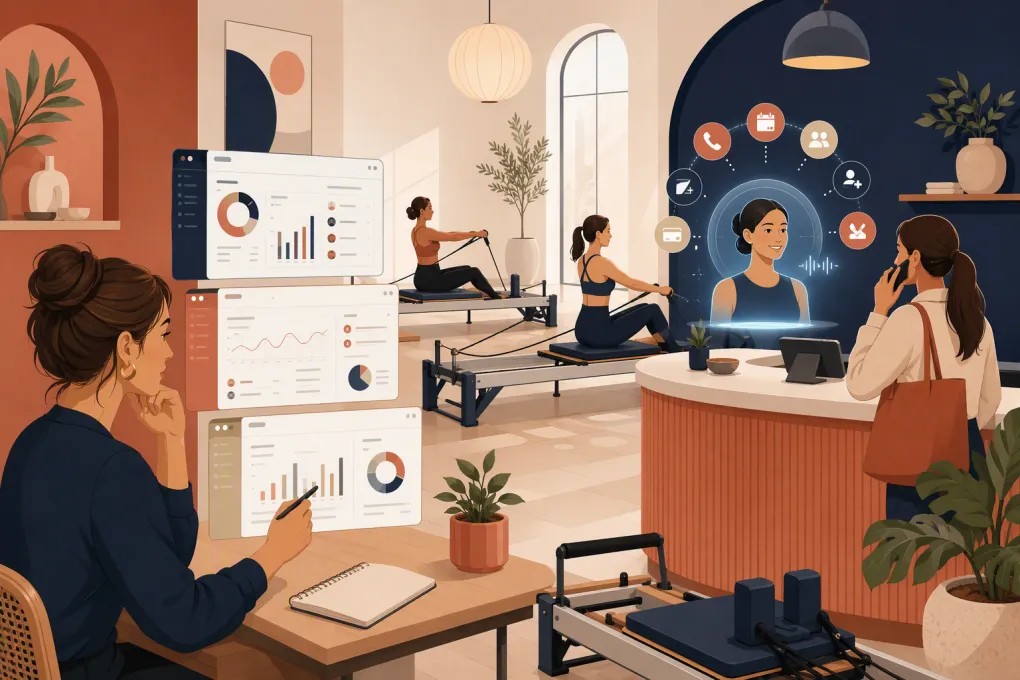Pilates studio owner comparing booking software while an AI receptionist handles leads and payments