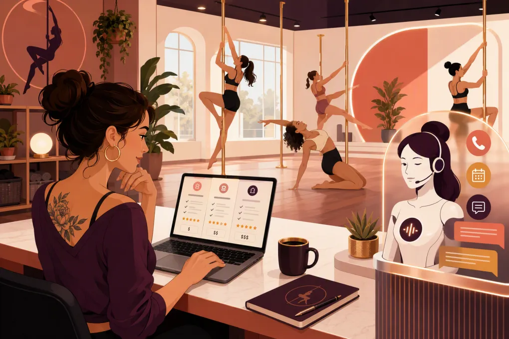 Pole studio owner comparing booking software while an AI receptionist handles inquiries
