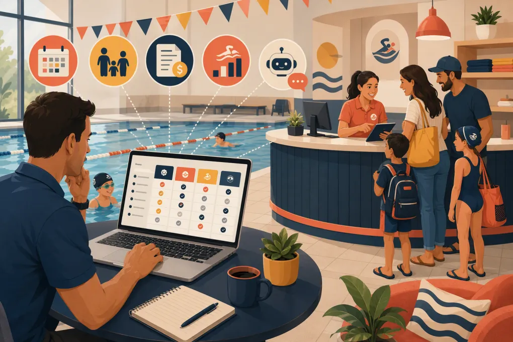 Swim school operator comparing scheduling, billing, family management, and AI software