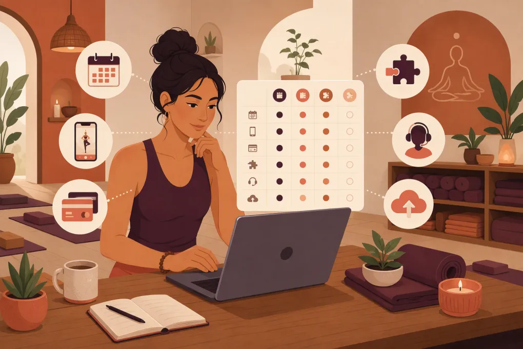 Yoga studio owner comparing scheduling, payment, app, and migration options