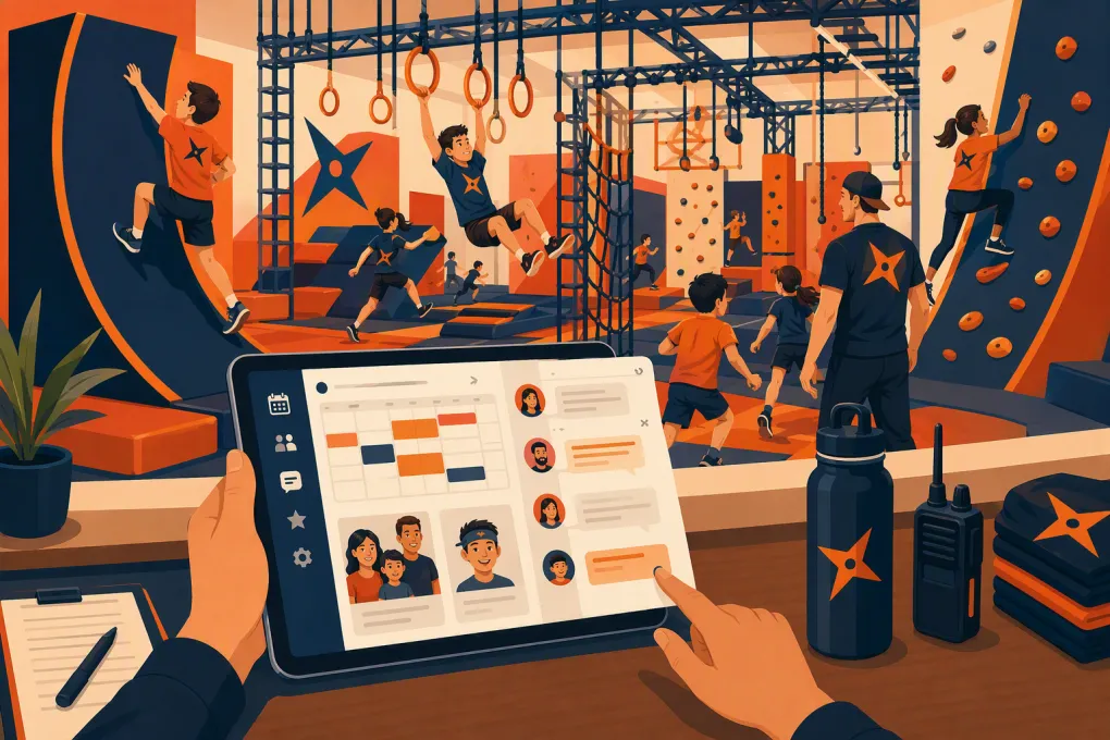 Ninja gym operator managing classes, registrations and customer messages from a tablet