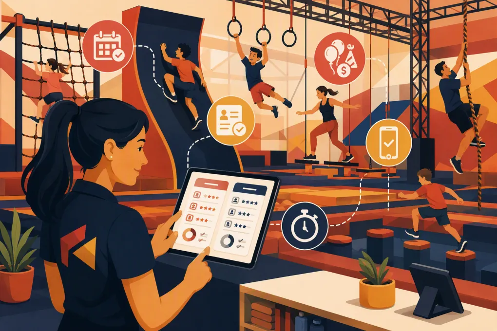 Obstacle gym operator comparing booking, waiver, payment and competition management tools