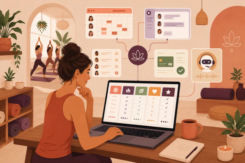 Yoga studio owner comparing booking, payments, marketing, and AI receptionist software