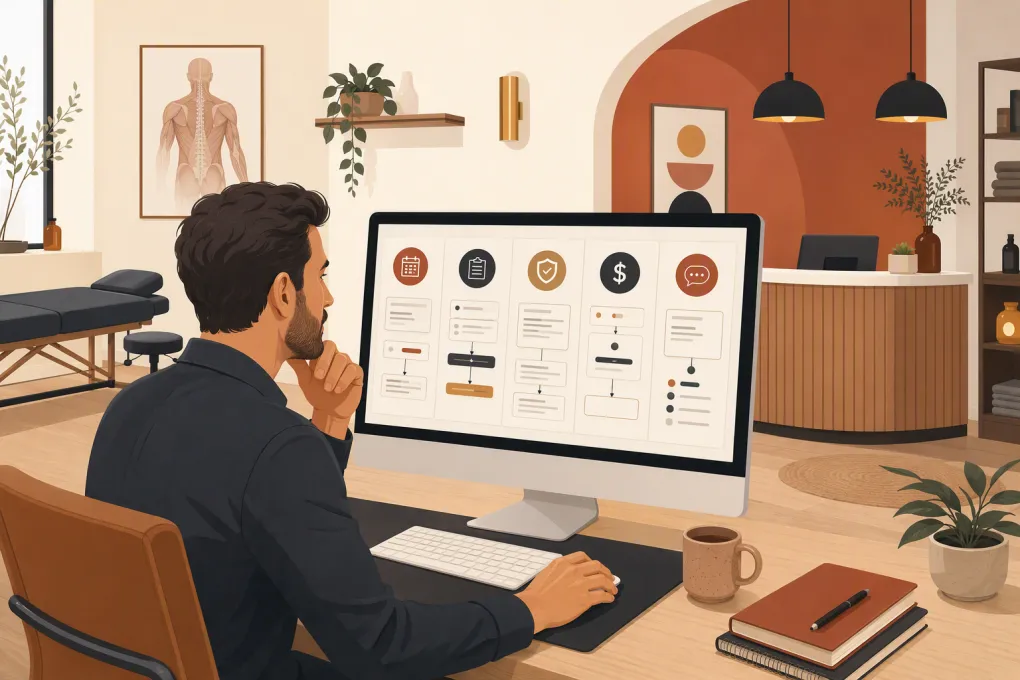 Osteopathic clinic owner comparing scheduling, charting and patient communication software
