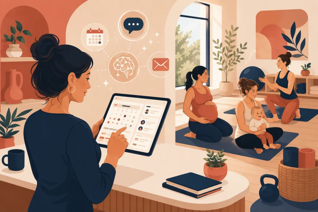 Operator managing prenatal and postpartum fitness bookings in a baby-inclusive studio