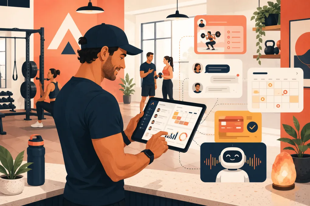 Personal trainer managing client bookings, workouts, messages, and payments from a tablet