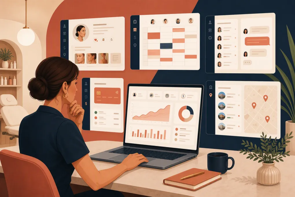 Med spa operator comparing clinical records, booking, CRM, and automation platforms