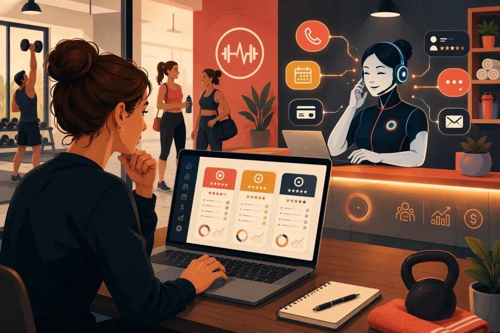 Fitness studio owner comparing Pike13 alternatives while an AI receptionist handles bookings