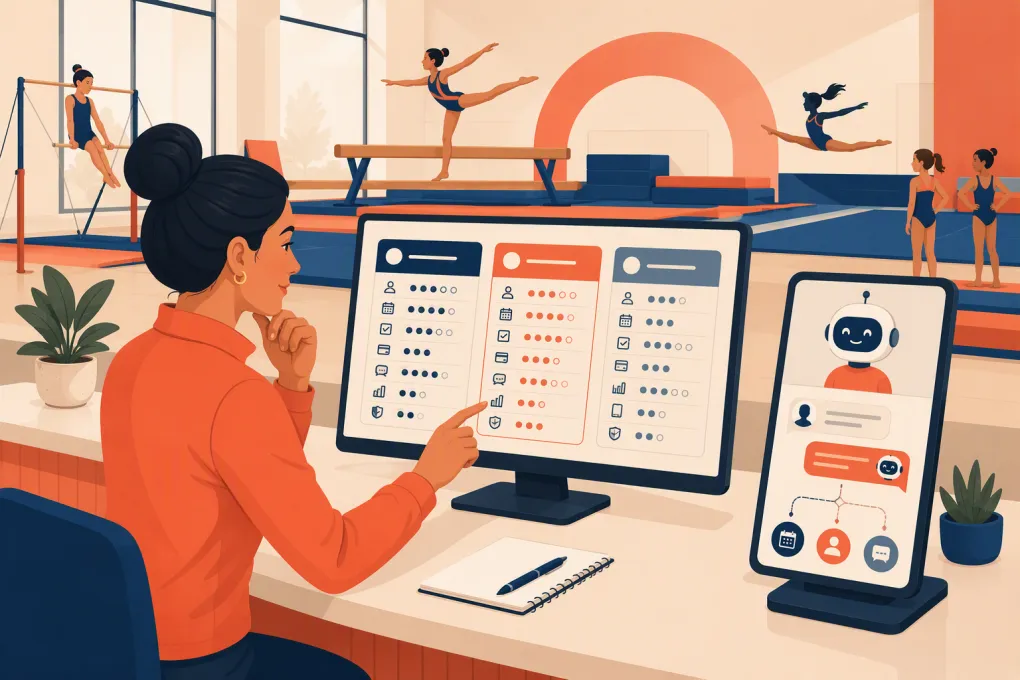 Gymnastics school owner comparing management software and AI lead-response tools