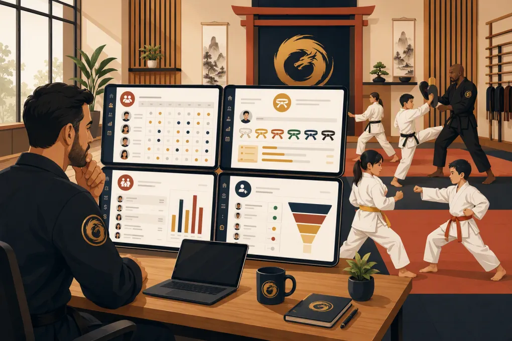 Martial arts owner comparing school software while students train