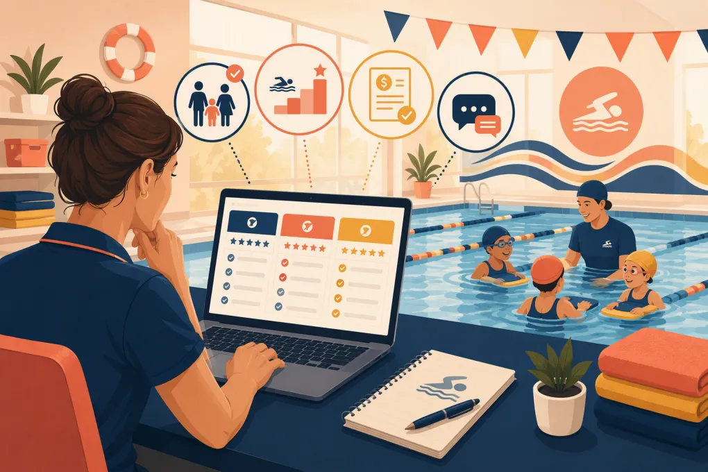 Swim school operator comparing management software beside an indoor lesson pool
