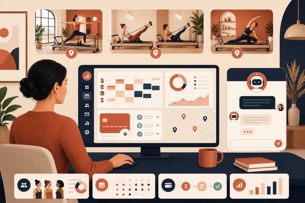 Operator managing Pilates franchise locations, bookings, leads, and payments from one system
