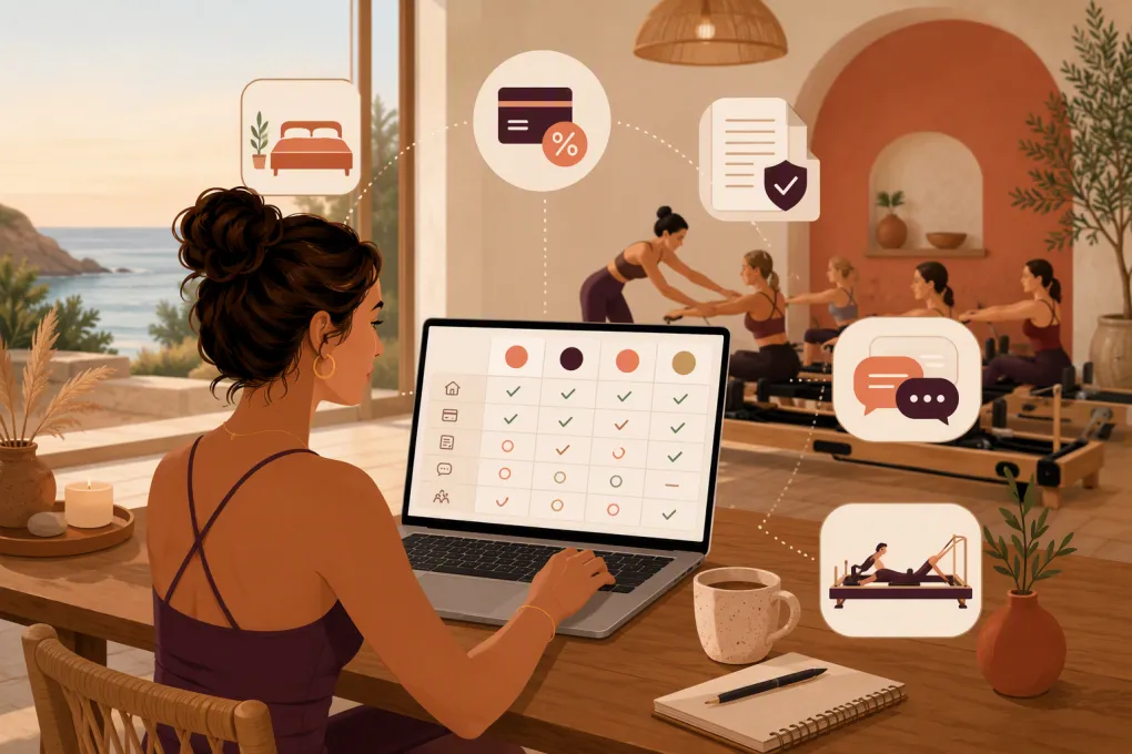 Pilates retreat operator comparing booking, lodging, payment and guest-management software