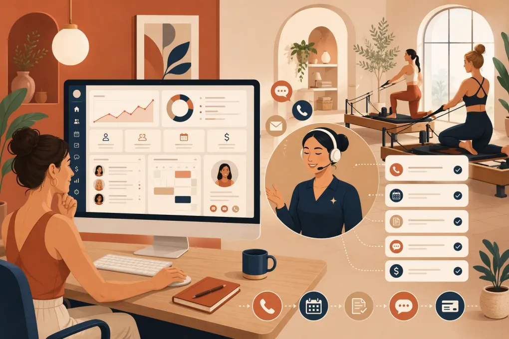 Pilates studio owner managing bookings, client records, and follow-up in a CRM