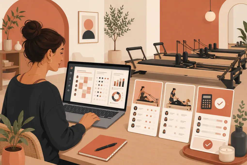Pilates studio owner comparing instructor schedules, attendance records and payroll reports