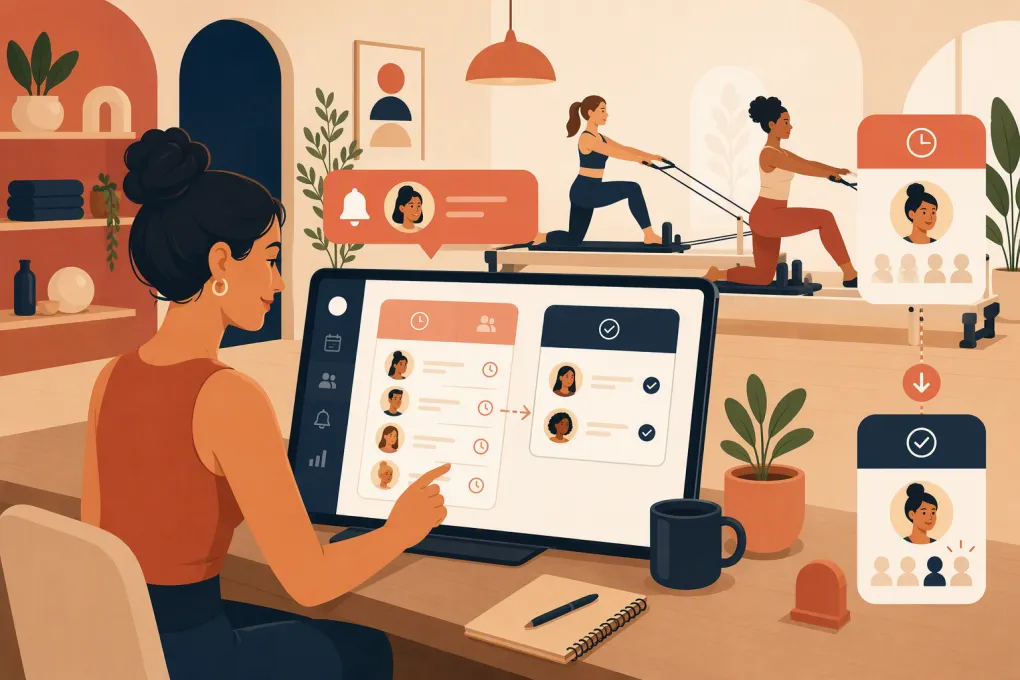 Pilates operator managing a digital class waitlist beside reformer beds