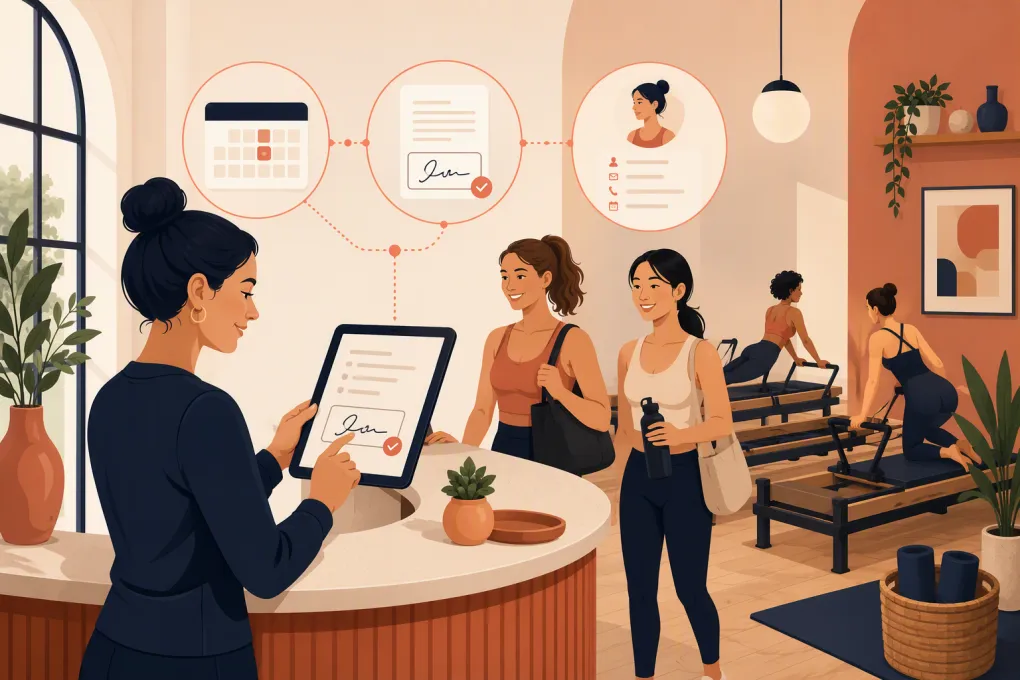 Pilates studio operator reviewing a digital client waiver on a tablet