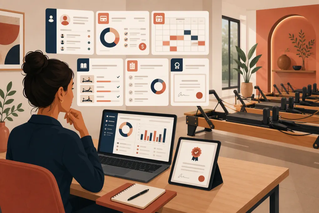 Pilates operator comparing software for trainee scheduling, payments, coursework and certification