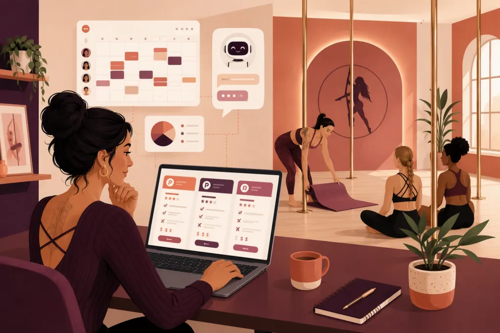Pole studio owner comparing class scheduling and management software