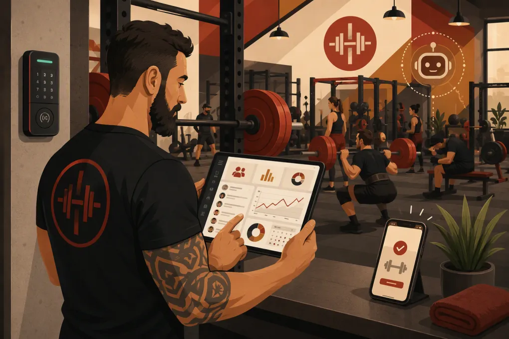 Powerlifting gym owner using management software beside a squat rack and access panel