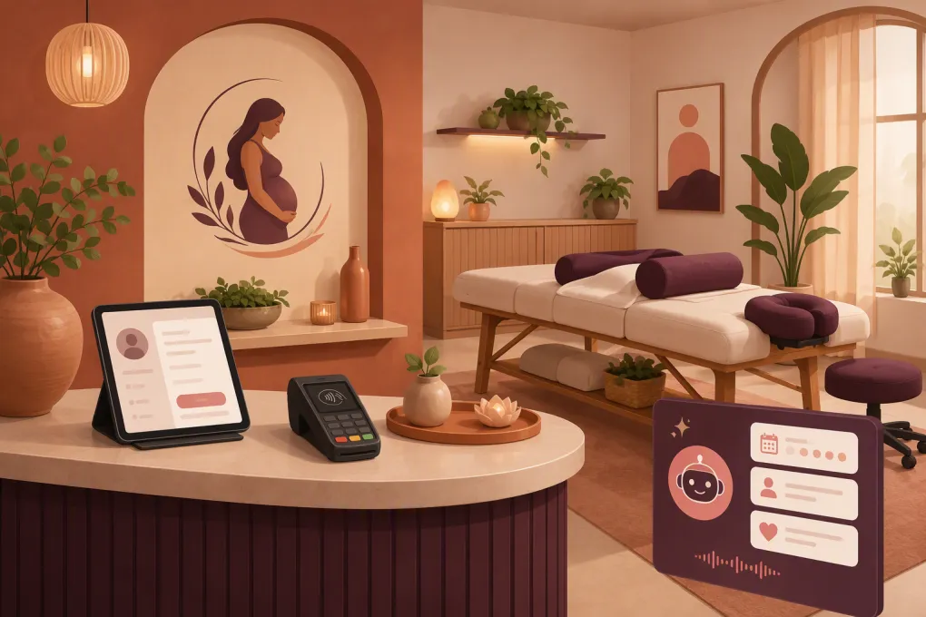 Prenatal massage studio with digital scheduling, intake, payment, and AI receptionist tools
