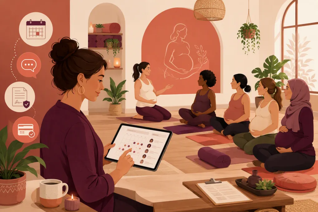 Prenatal yoga studio owner managing bookings while an instructor leads a class