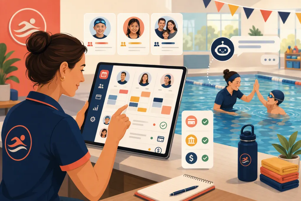 Swim school operator managing private lesson schedules and family bookings beside a pool