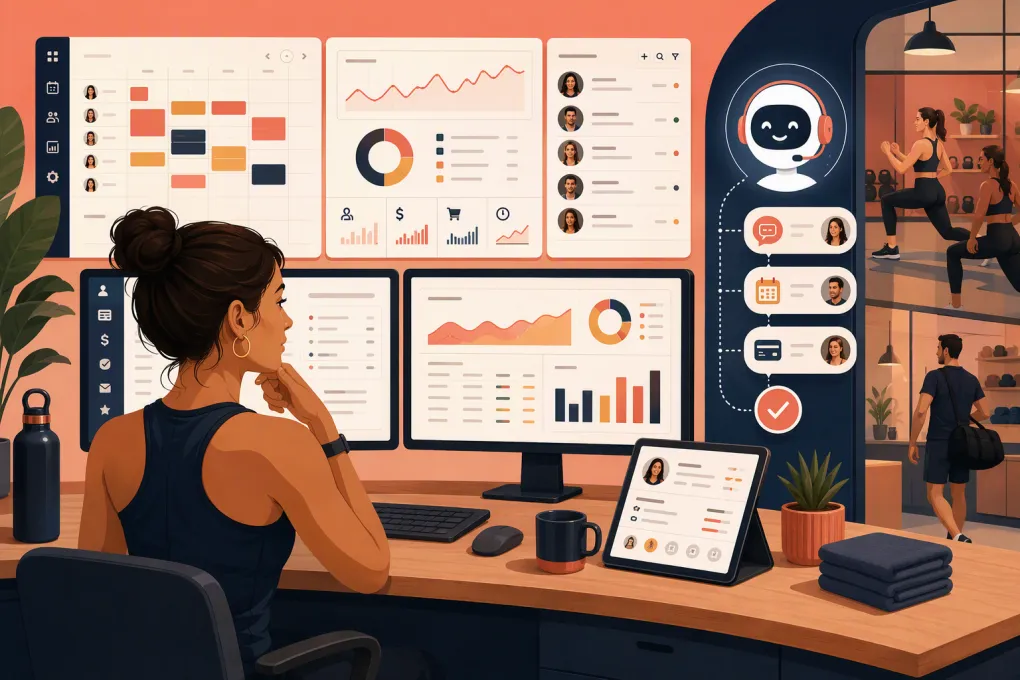 Fitness studio owner comparing booking, CRM and AI receptionist software