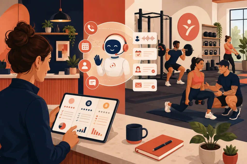 Personal training studio owner comparing software while an AI receptionist handles inquiries