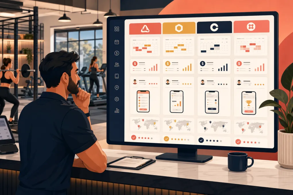 Gym owner comparing CRM, booking, billing, and mobile app software