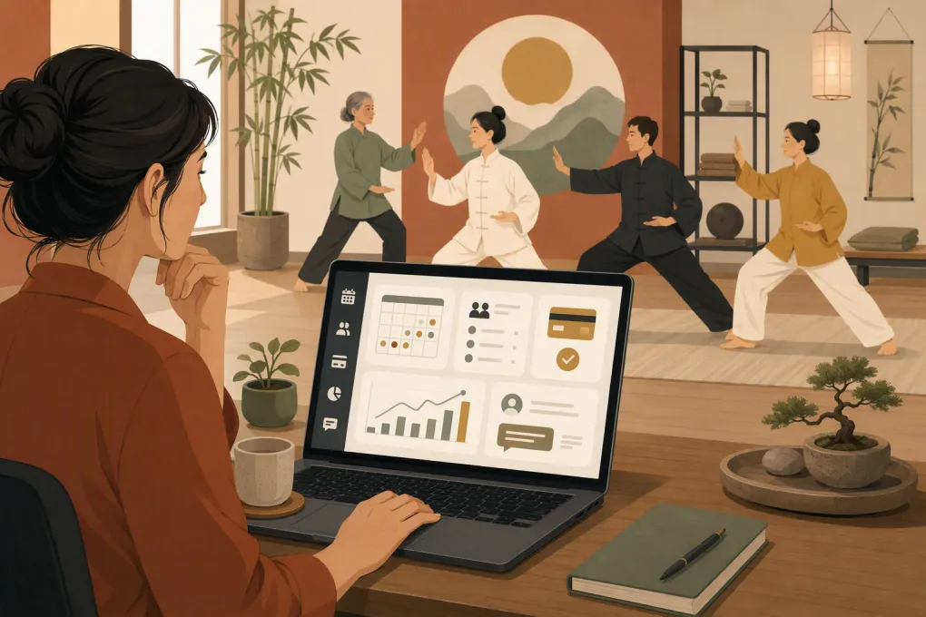 Qigong studio owner comparing management software while students practice