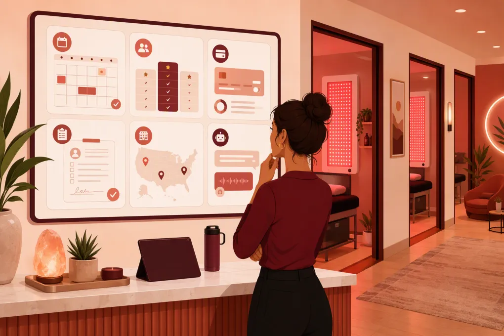 Operator comparing management software for a red light therapy studio