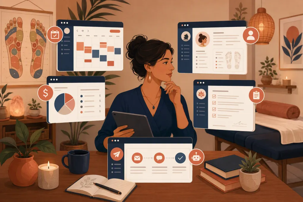Reflexology owner comparing booking, client management, payment, and automation software
