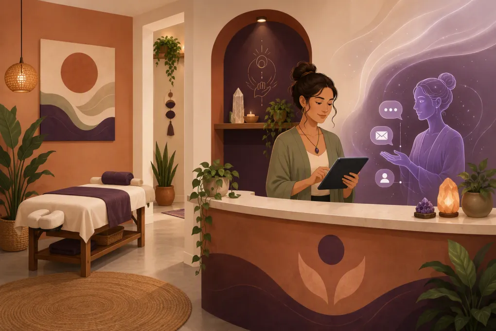 Reiki studio operator managing appointments while an AI assistant handles client inquiries