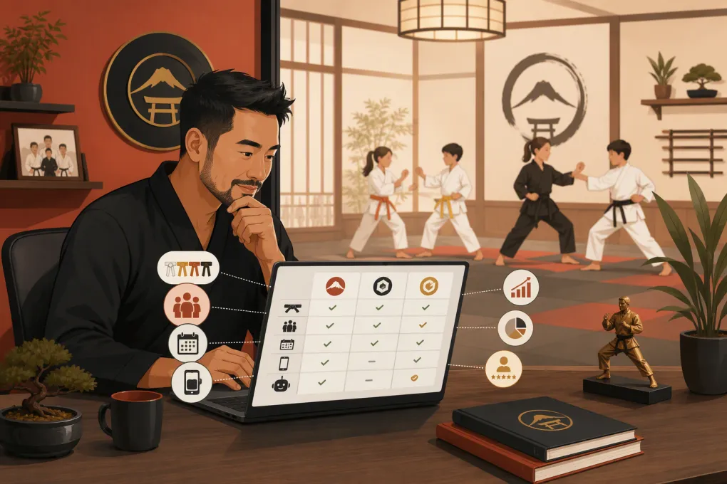 Martial arts school owner comparing billing, rank tracking and booking software