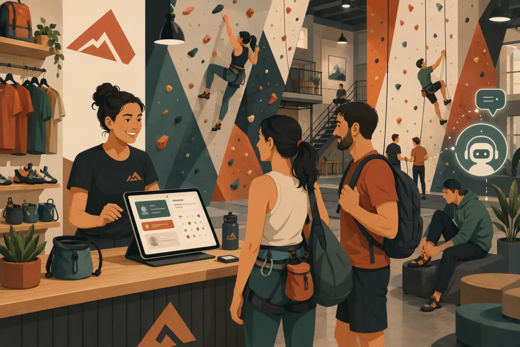 Climbing gym front desk with digital check-in, booking, retail, and AI assistance