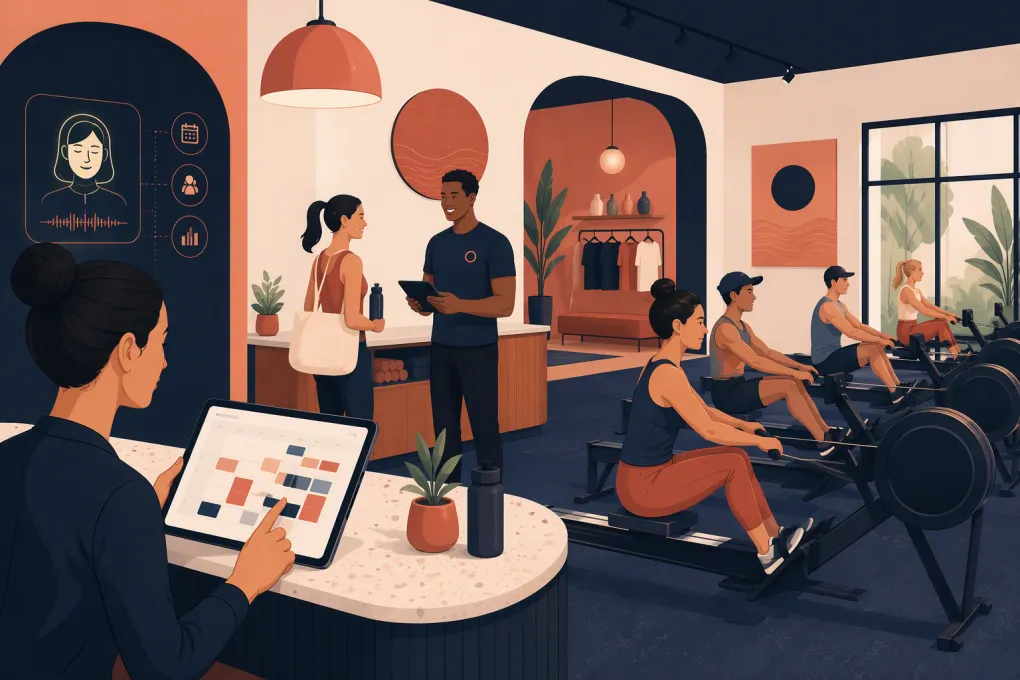 Rowing studio operator managing class bookings on a tablet beside rowing machines